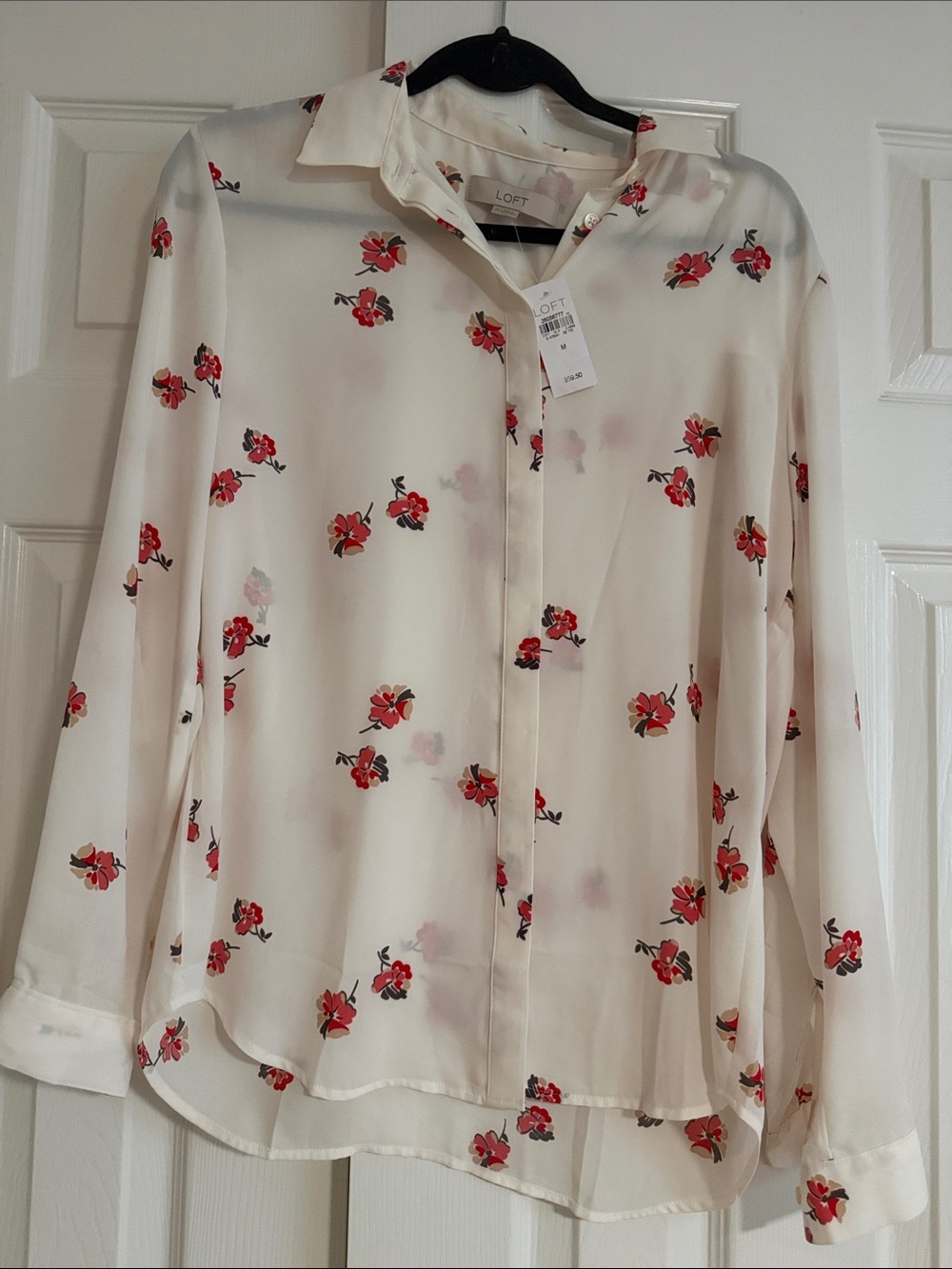 LOFT Cream Button-Front Blouse with Red Floral Motif